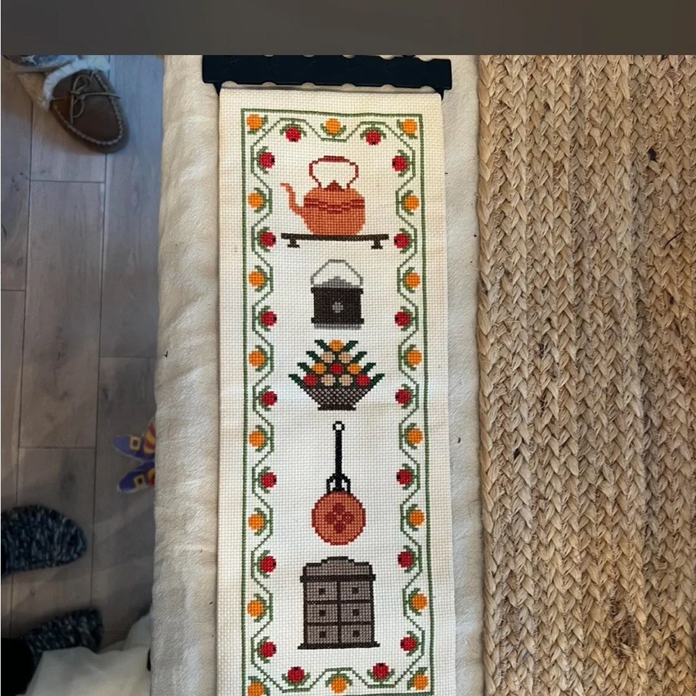 Vintage Tapestry with Teapot and Floral Design in Brown and Orange